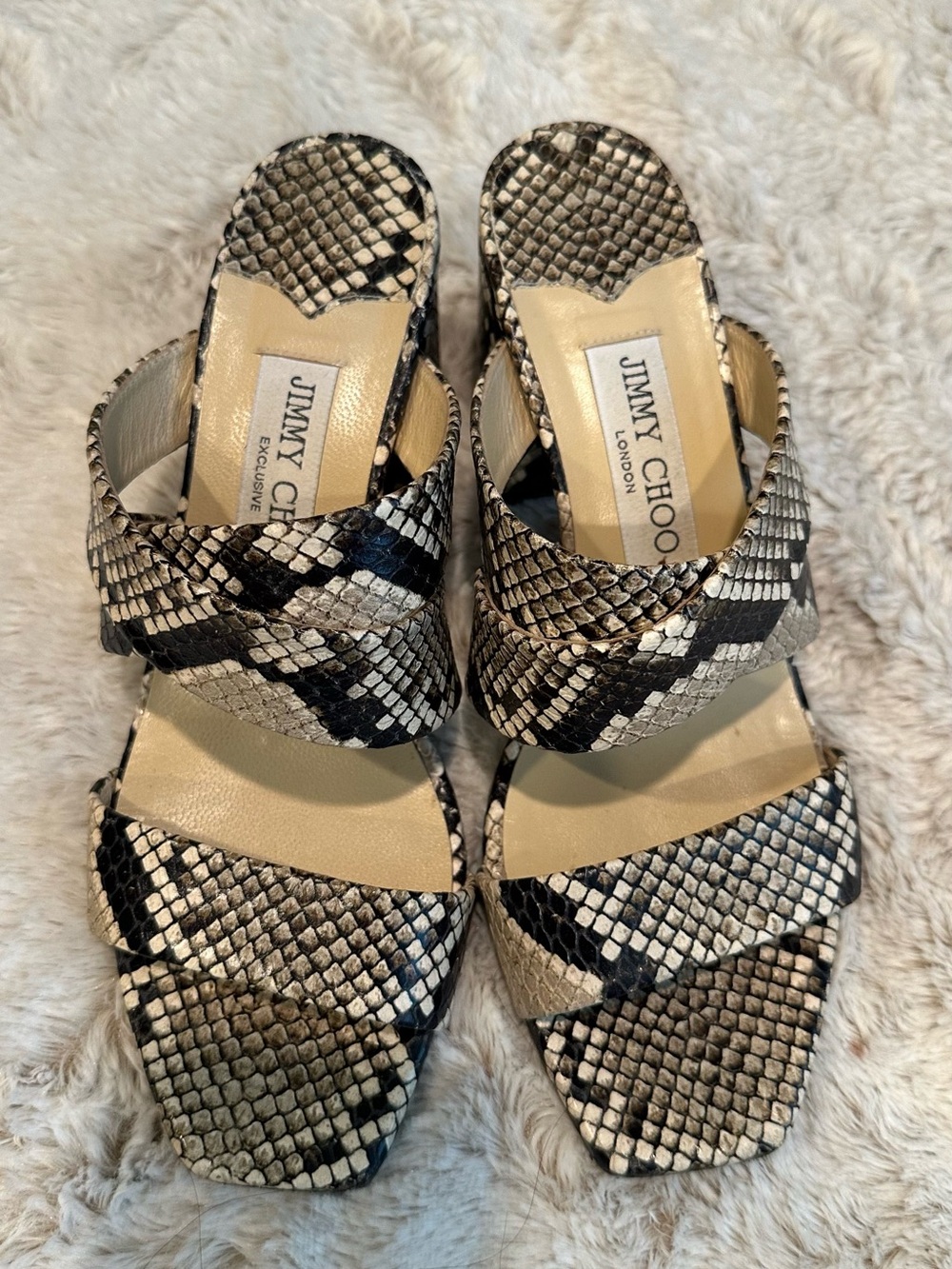 Jimmy Choo Black and Cream Snake-Print Slide Mules